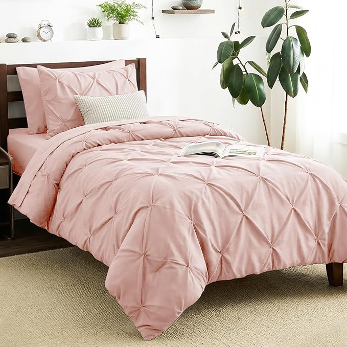 CozyLux Twin XL Comforter Set Blush Pink, 5 Pieces Twin Extra Long Pintuck Bed in A Bag for College Dorm, Pinch Pleat Bedding Set with Comforter, Sheets, Pillowcase & Sham