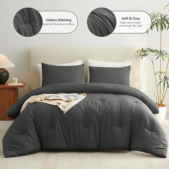 CozyLux Oversized Queen Comforter Set Dark Grey, 3 Pieces 98x98 Solid Breathable Bedding Sets All Season, Dark Gray Luxury Soft Lightweight Bed Set with Down Alternative Comforter and 2 Pillowcases