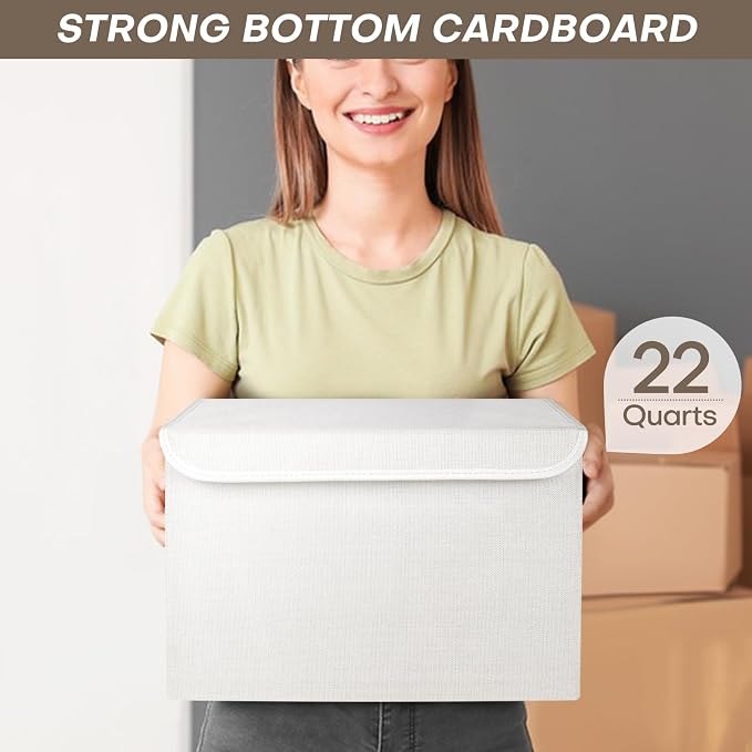 Bagnizer Large 22 Quart Linen Fabric Foldable Storage Bin Cube Organizer Basket with Flip-Top Lid & Handles, Clothes Blanket Box for Home, Office, Closet, White, 4 Pack 14.6 x 9.5 x 9.5” - Image 4