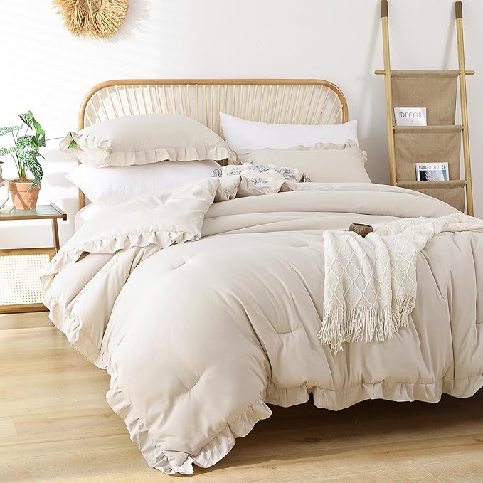 JANZAA King Size Comforter Set Beige Ruffle Comforter 3PCS Soft Fluffy Boho Comforter Vintage Farmhouse Bed Set Shabby Chic Bedding with 2 Pillowcases for All Season