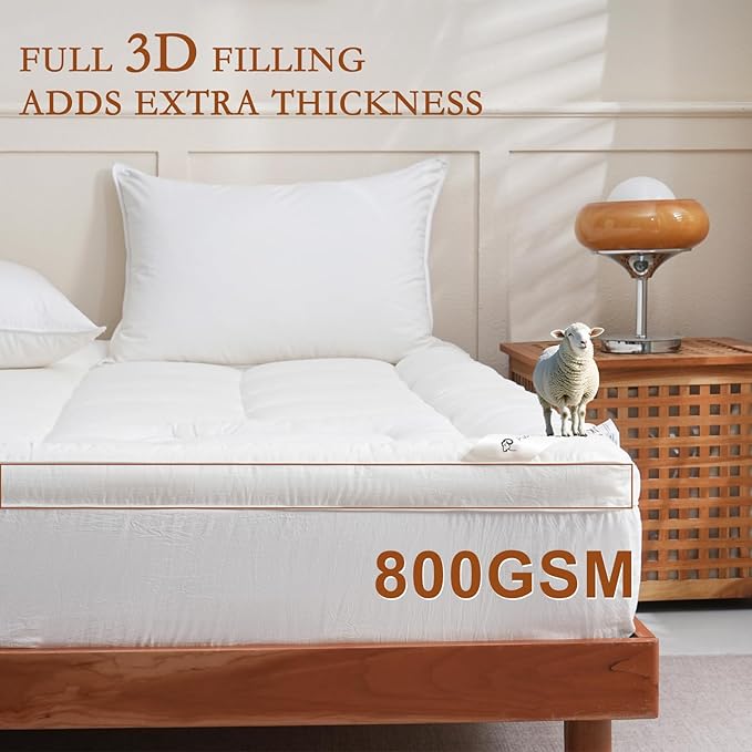 YOUR MOON 100% Organic Wool Mattress Topper King Size, 800GSM Natural Wool Filling, Thick Pillow Top Mattress Pad, Back Pain Relief Bed Topper with Cotton Cover, 16" Deep Pocket, 78"x80" (White)