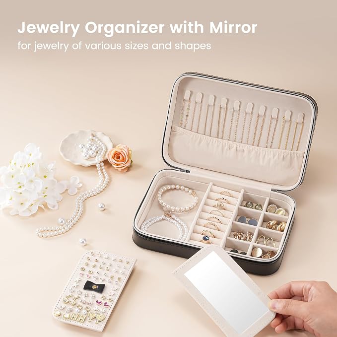 Lolalet Travel Jewelry Case for Women Girls, Travel Jewelry Organizer Box with Mirror & Clear Storage Bag, Small Portable Earring Necklace Bracelet Ring Case, Birthday Valentine Gifts -Medium, Black - Image 2