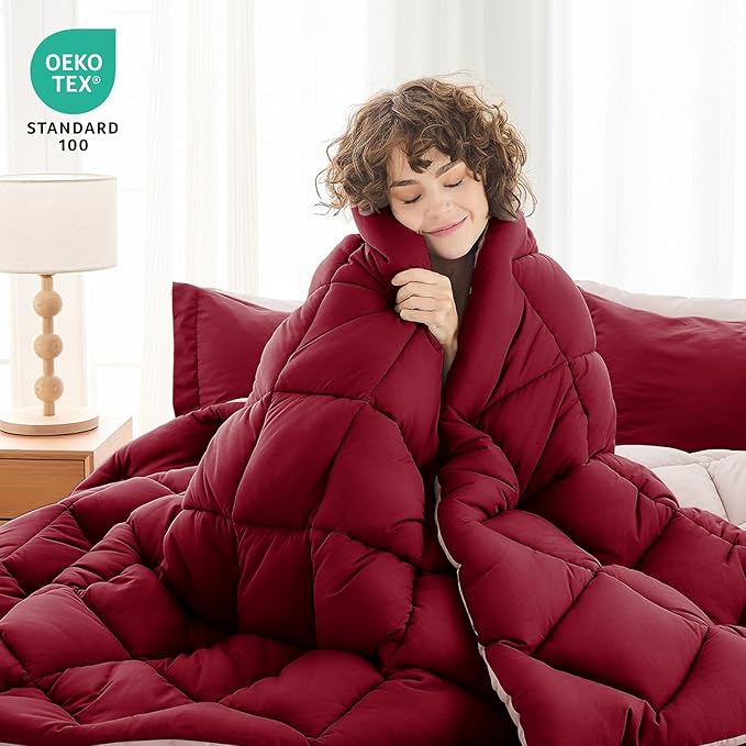 MUXHOMO 7 Pieces King Comforter Set, Reversible Bed in a Bag King Size, All Season Bedding Set with Comforter, Flat Sheet, Fitted Sheet, Pillowcases & Shams, Burgundy & Rose Gold