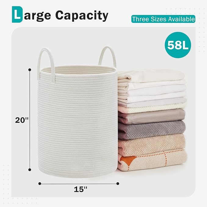 Cotton Rope Laundry Hamper by YOUDENOVA, 58L - Woven Collapsible Laundry Basket - Clothes Storage Basket for Blankets, Laundry Room Organizing, Bedroom Storage, Clothes Hamper – White - Image 2