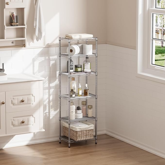 SINGAYE 6 Tier Shelf Wire Shelving Adjustable Storage Shelves Rack Standing Units for Kitchen Closet Laundry Bathroom Organizers Metal Pantry Narrow Mesh Gaps 10" D x 16" W x 60" H Gray - Image 8