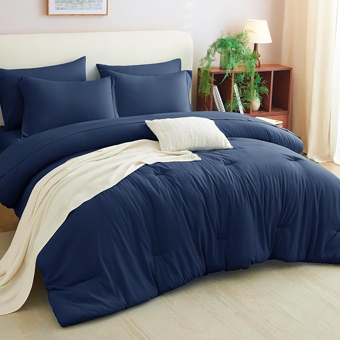 CozyLux Full Size Comforter Sets Navy Blue, 7 Pieces Bed in a Bag Full Comforter Set with Sheets, Luxury Bedding Set with Down Alternative Comforter, Fitted Sheet, Flat Sheet, Pillowcases & Shams