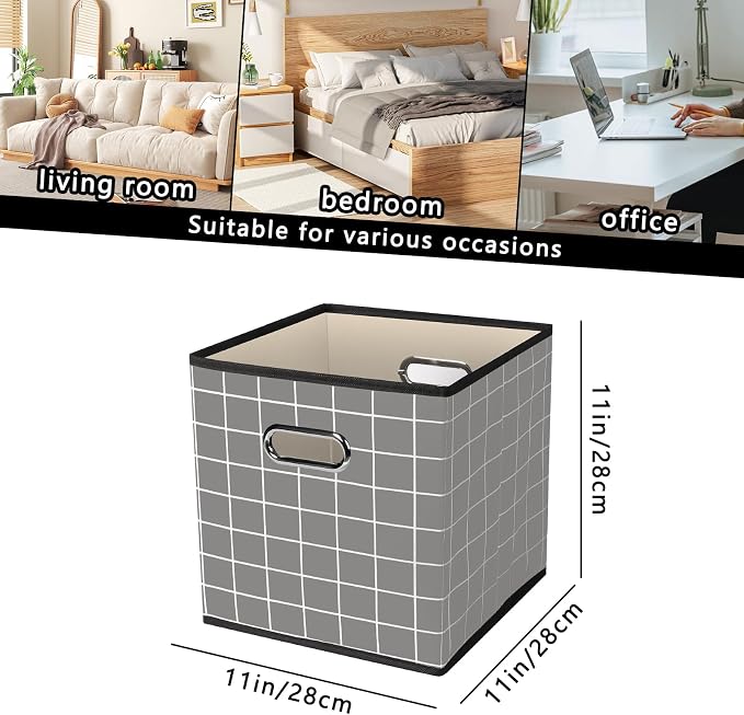 Yunkeeeper storage bins Cubes, Fabric Cube Organizer with Handle, Foldable Cube Bins for Cloth or Accessary Storage, 11x11x11, Set of 3,(Grey grid) - Image 2