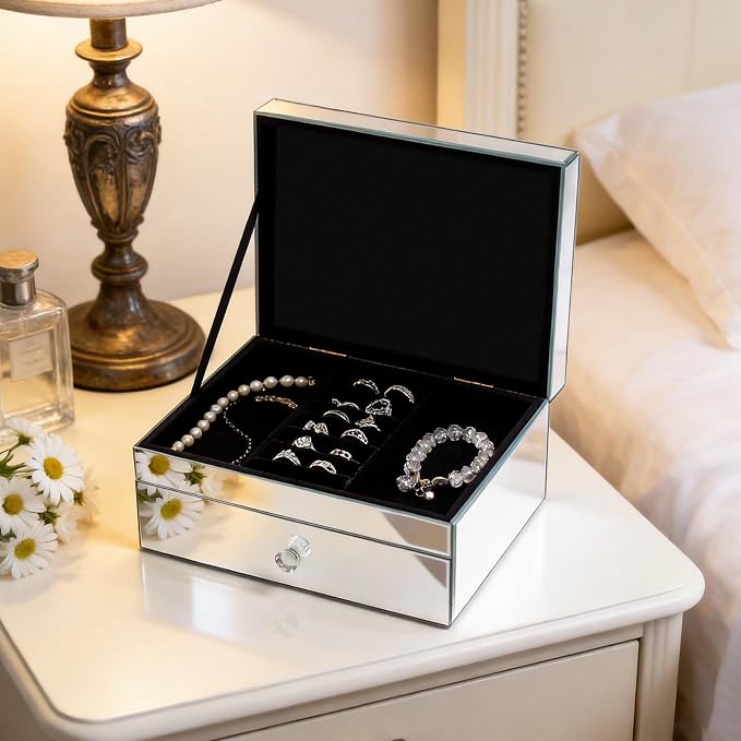 2 Layer Mirror Glass Jewelry Box with Crushed Diamond Decor, Velvet-Lined Trinket Organizer for Rings Earrings Necklaces Bracelets - Elegant Treasure Chest Storage Case for Women Girls - Image 4