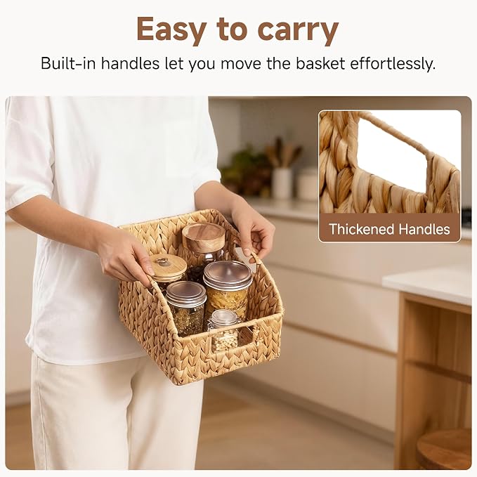 StorageWorks Pantry Baskets for Organizing, Wicker Basket with Built-in Handles, Handwoven Wicker Storage Baskets, Water Hyacinth for Shelves, 4 Pack - Image 3