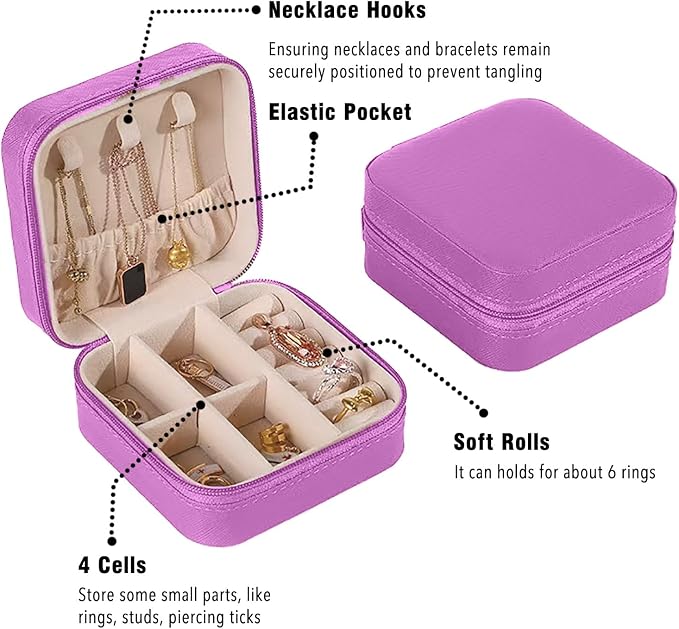 Small Travel Jewelry Box, Portable Mini Jewelry Leather Box Jewelry Ring Organizer Case Storage Holder Gift Boxes for Girls Women, Lilac purple - Image 3