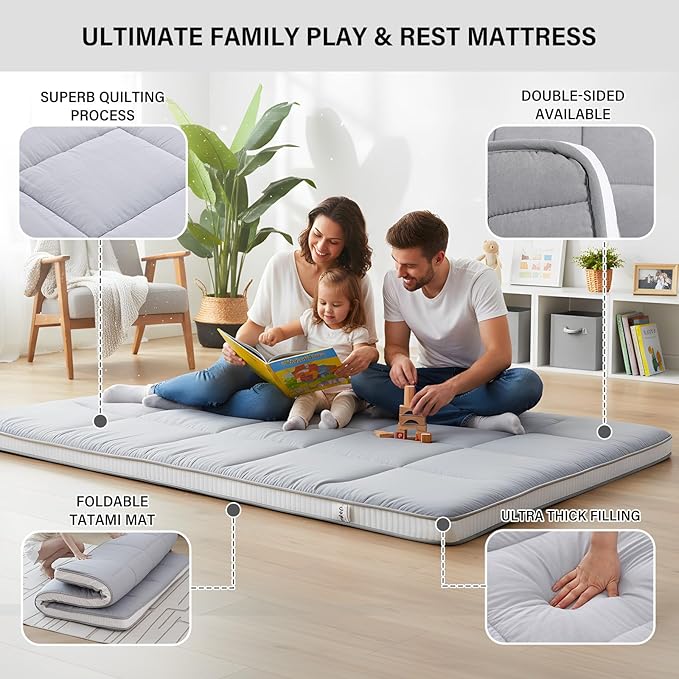 Tiita Memory Foam Mattress Topper Twin Size, 4" Thicken Futon Mattress with Storage Bag and 2 Straps, Portable Roll Up Travel Car Camping Mattress Floor Sleeping Pad, Grey