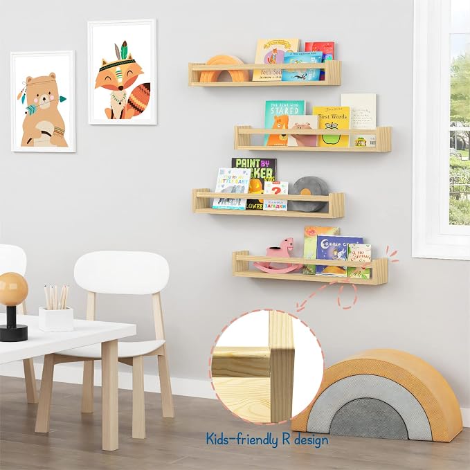 Forbena Natural Wood Nursery Bookshelves for Wall, 24 Inches Long Floating Book Shelves, Wall Mounted Bookcase for Baby Teen Girl Boy Kids Room Bedroom, Playroom Organizer, Bathroom Decor (4-Pack) - Image 7
