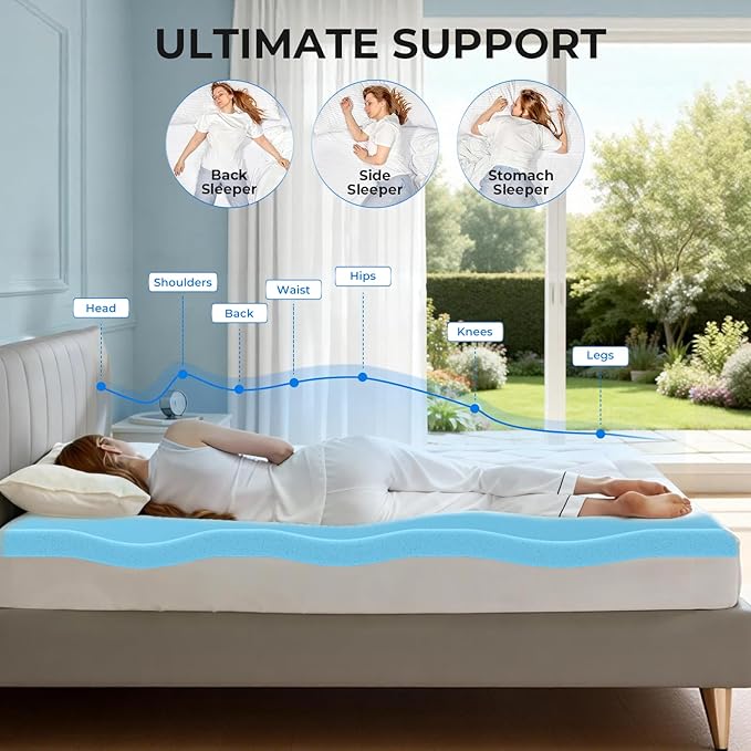 OhGeni 2 Inch Queen Memory Foam Mattress Topper Pad with Cover, Soft Bed Cover with Anti-Slip Base, Enhanced with Cooling Gel，Premium Comfort for Sleep & Back Pain Relief, Removable & Washable