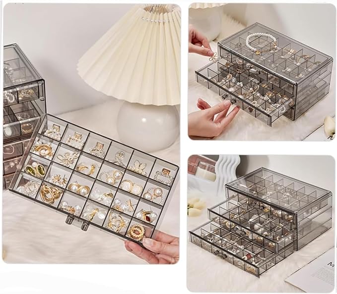 Earring Storage Box Organizer 3 Drawers Acrylic Jewelry Storage Box Holder Transparent Jewelry Display Stand with 72 Cells Gift for Women Girls - Image 6