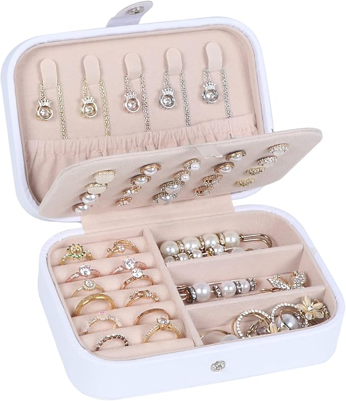 Hatori Travel Jewelry Box, PU Leather Small Jewelry Organizer for Women Girls, Portable Mini Travel Case Display Storage Holder Boxes for Stud Earrings, Rings, Necklaces, Bracelets (White Beige) by SAJOMA