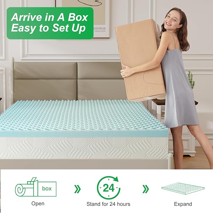 3 Inch Full Size Egg Crate Cooling Gel Memory Foam Mattress Topper, Convoluted Bed Topper for Pressure Relief and Enhanced Airflow, CertiPUR-US Certified