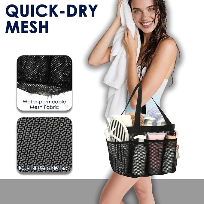 GYEUKHAM Large Mesh Shower Caddy Portable with 8-Pocket for College Dorm Room Essentials,Quick-Dry Handing Shower Basket Tote Bag for Toiletry, Bathroom,Beach,Camp,Gym,Black - Image 6