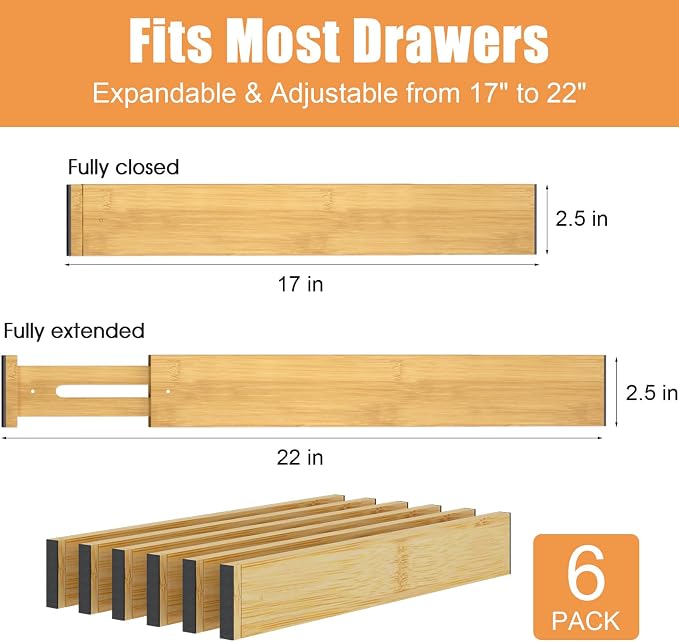 Bamboo Drawer Dividers,17-22" Adjustable Kitchen Drawer Organizer for Clothes,6 Pack Expandable Drawer Organization Separators for Bedroom,Bathroom,Dresser and Office,Natural - Image 3