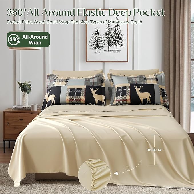 Comforter Set King Size Plaid Patchwork Comforter Bedding-7 Piece Bed in a Bag,Rustic Soft Reversible Microfiber Bedding Set(1 Comforter,1 Flat Sheet,1 Fitted Sheet,2 Pillowcases,2 Pillow Shams)Green
