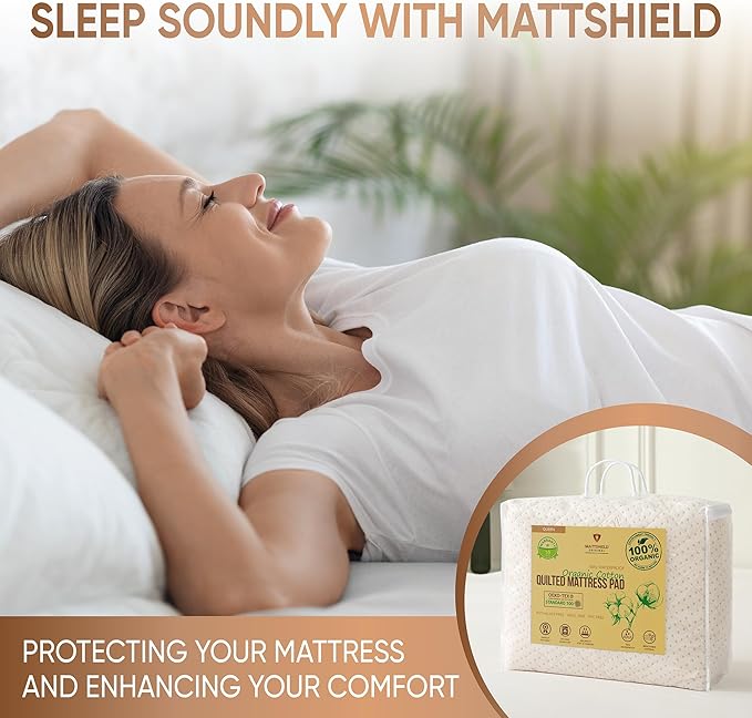 Luxury Quilted Organic Cotton Mattress Protector Queen Size - Premium 380 GSM Waterproof & Breathable Pad - Deep Pocket Fitted Cover - Soft & Silent Protection