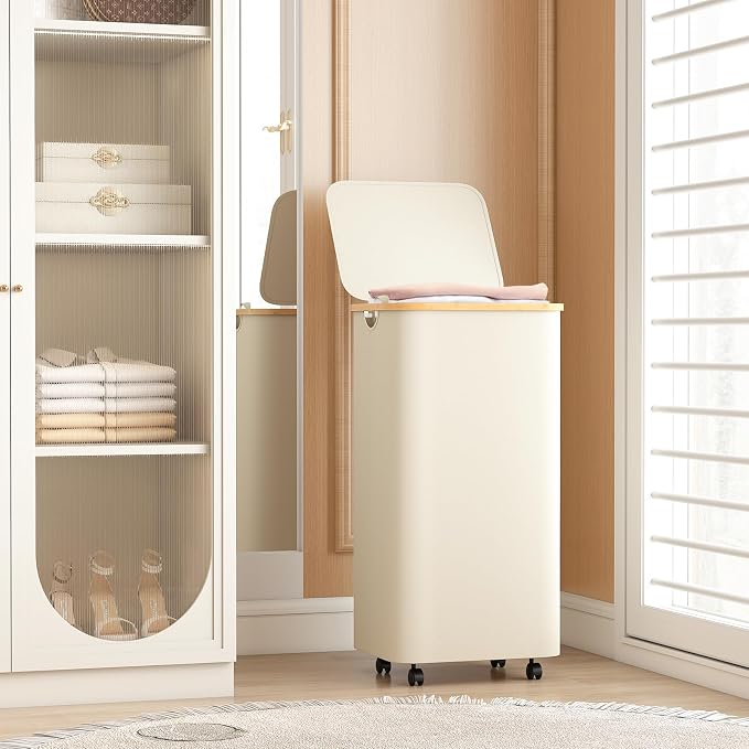 Yecaye 100L Large Capacity Laundry Hamper – Foldable Rolling Laundry Basket, Mobile Clothes Hamper with Wheels, Removable Inner Bag, Bamboo Handle Lid Laundry Bin – Multi-Use Storage,Beige - Image 2