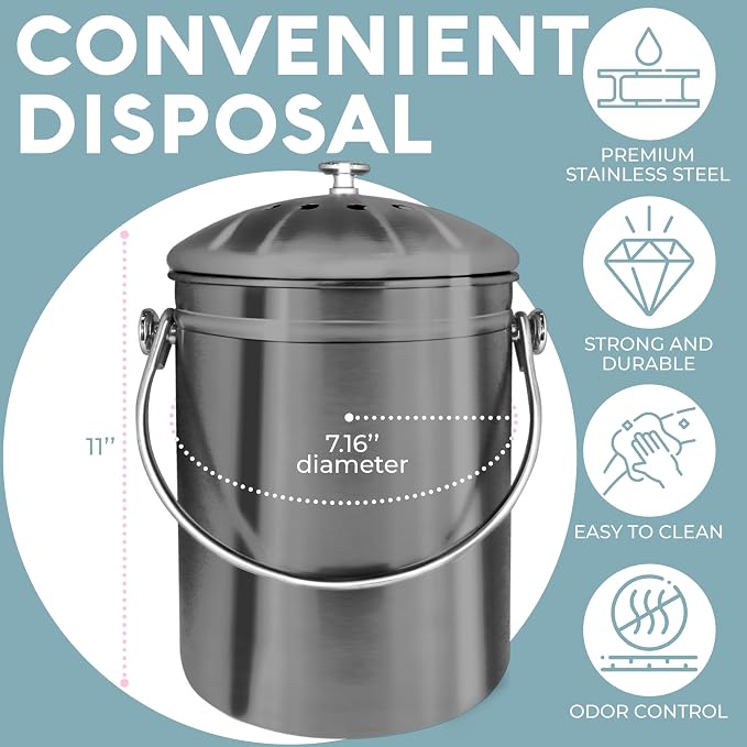 EPICA Countertop Compost Bin Kitchen | 1.3 Gallon | Odorless Composting Bin with Carbon Filters | Indoor Compost Bin with Lid | Stainless Steel Kitchen Composter for Food Scraps & Waste Recycling - Image 3