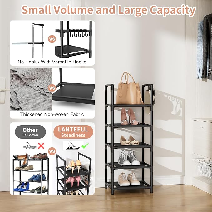 LANTEFUL Narrow Shoe Rack 5 Tier Shoe Shelf Storage for 5-10 Pairs Shoe and Boot, Sturdy Shoe Storage Space Saving Corner Shoe Rack Organizer for Closet, Entryway, Living Room, Black - Image 6