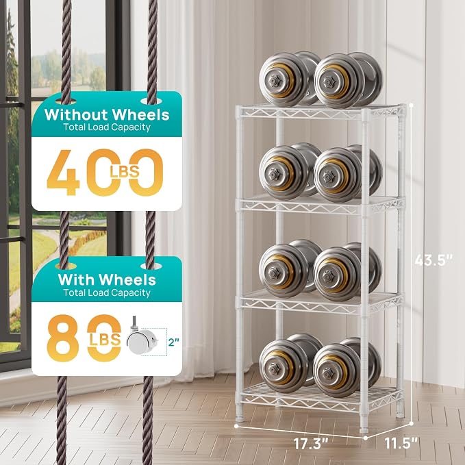 SINGAYE 4 Small Shelves Storage Shelf Wire Shelving Unit Metal Shelf Adjustable Organizers Storage Shelving with Wheels for Bathroom Laundry Room Kitchen Pantry11.5”D x 17.3”W x 44.5”H White - Image 3
