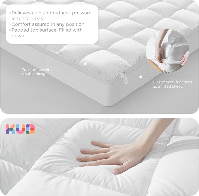 KUB Cotton Mattress Topper, Queen, Cooling Cotton Pillow Top with 8-21 Inch Deep Pocket, 3D Snow Down Alternative Fill, Breathable Fluffy Mattress Pad Cover (White, Queen 80 * 60inch)