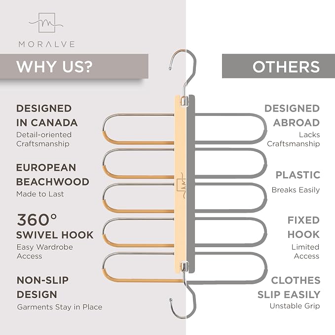 MORALVE Pants Hangers Space Saving - European Beechwood Scarf and Jean Hangers - Closet Organizer and Space Saver Pant Rack, Leggings Hanger, and Scarf Holder with 360° Swivel Hook (1 Pack) - Image 5
