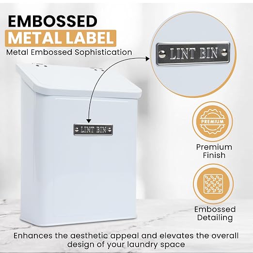 Embossed Magnetic Lint Bin For Laundry Room | Modern Farmhouse Laundry Lint Bin | Lint Trash Can For Laundry Room | White Lint Bin For Laundry Room Magnetic | Space Saving Storage Laundry Bin with Lid - Image 3