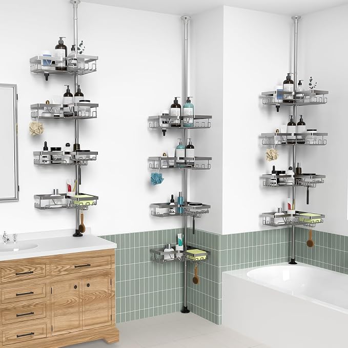 KEGII Corner Shower Caddy Tension Pole with Soap Dish & Razor Holder, Adjustable Bathroom Organizer with Hooks, 25-114.2 Inch Rustproof Storage Shelf for Renters & Apartments, Gunmetal Gray - Image 5