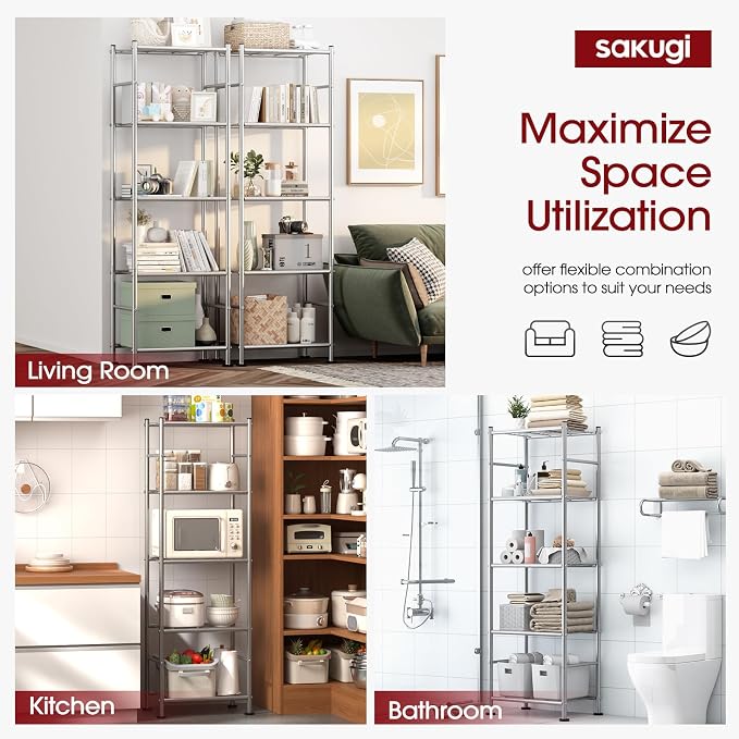 Sakugi Storage Shelves - Set of 2, 5-Tier Metal Shelf Organizer, Space-Saving Garage Shelving with Leveling Feet, Standing Shelves Organizer for Kitchen, Laundry, Pantry (18.4"x12.6"x57.4", Silver) - Image 4