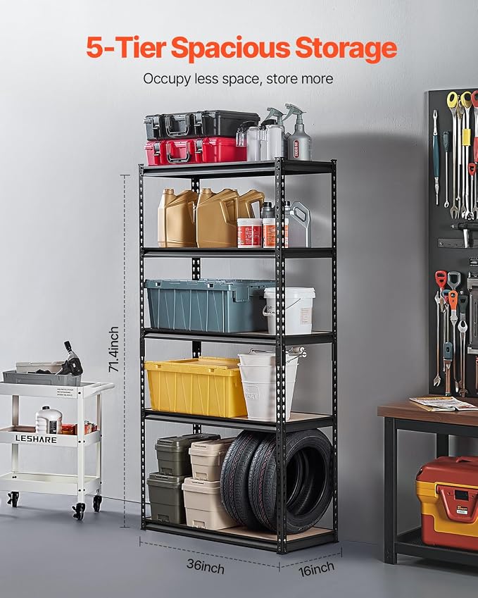 VEVOR Storage Shelves, 2000 lbs, 5 Tier Garage Storage Shelving, 16" D x 36" W x 71.4" H Adjustable Metal Shelves for Garage Shelves Utility Rack Shelf, Ideal for Kitchen, Warehouse, Basement, Black - Image 3