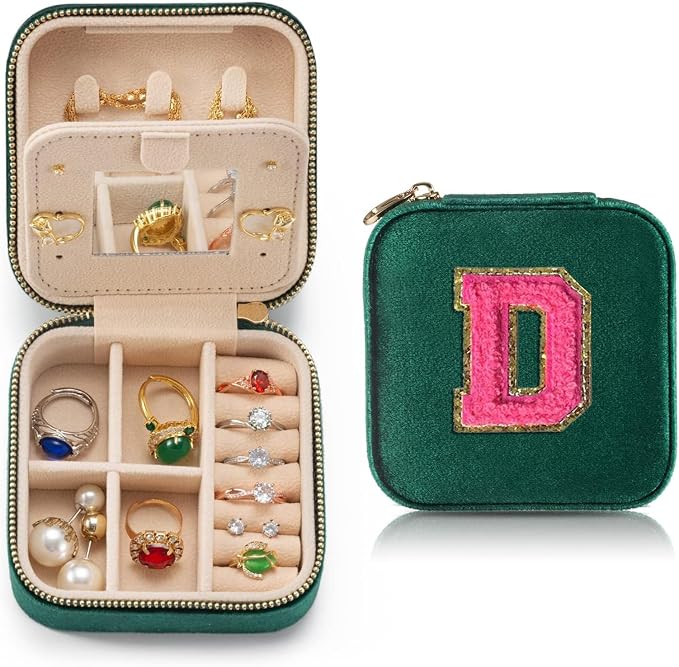 Personalized Velvet Travel Jewelry Case Box For Women Ring Necklace Earring Holder Organizer with Mirror Green Girls Box Birthday Gifts Mom Initial D by HKDSGF