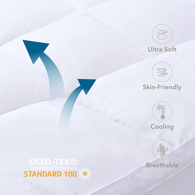 Epitex Mattress Topper Twin Size 3 Inch – Extra Thick and Fluffy Pillow Top for Twin Bed, Breathable, Cooling and Supportive Mattress Pad with 8-16'' Deep Pocket Design, Skid-Proof Bottom, White