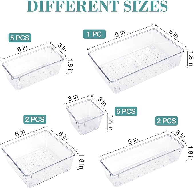 StorMiracle 16 PCS Drawer Organizer Set, 5 Varied Size Bathroom and kitchen Drawer cabinet organizer Trays, Clear Storage Bins for Makeup, Jewelry, Utensils and Gadgets - Image 2