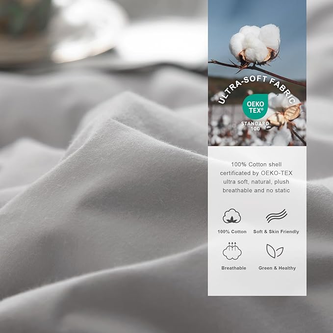 Royoliving Premium Feathers Down Duvet Insert Comforter Queen Size Gray All Season Medium Warmth Grey 100% Cotton Cover with Corner Tabs (90x90, 50 oz)
