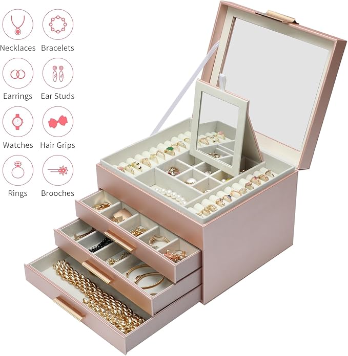 BOOVO Clear Lid Jewelry Box,3 Layers Jewelry Organizer Large Jewelry Storage Box with 2 Drawers,Jewelry Holder Organzier of Rings Earrings Necklace Bracelets for Women (Rose Gold, 4 Layer) - Image 2