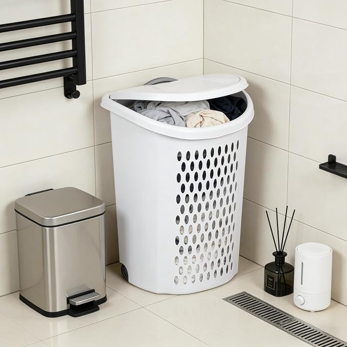 Wheeled Hamper, Plastic Laundry Hamper with Handle for Easy Transport, White - Image 6