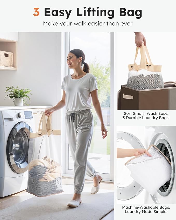 SOLEDI 180L 3-Section Laundry Hamper with Lid, Extra Large Dirty Clothes Basket with Sturdy Handles for Laundry Room & Bedroom - Durable Organizer for Sorting Laundry - Image 3
