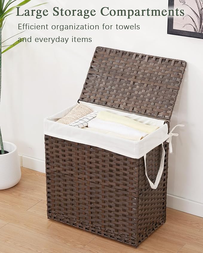 SETVSON Laundry Hamper with Lid Wicker Laundry Basket 112 L (29.6 Gal) Laundry Hampers Handwoven Rattan Laundry Hamper with Handles 3 Removable Washing Bag, 6 Mesh Bags for Bathroom Bedroom Brown - Image 4