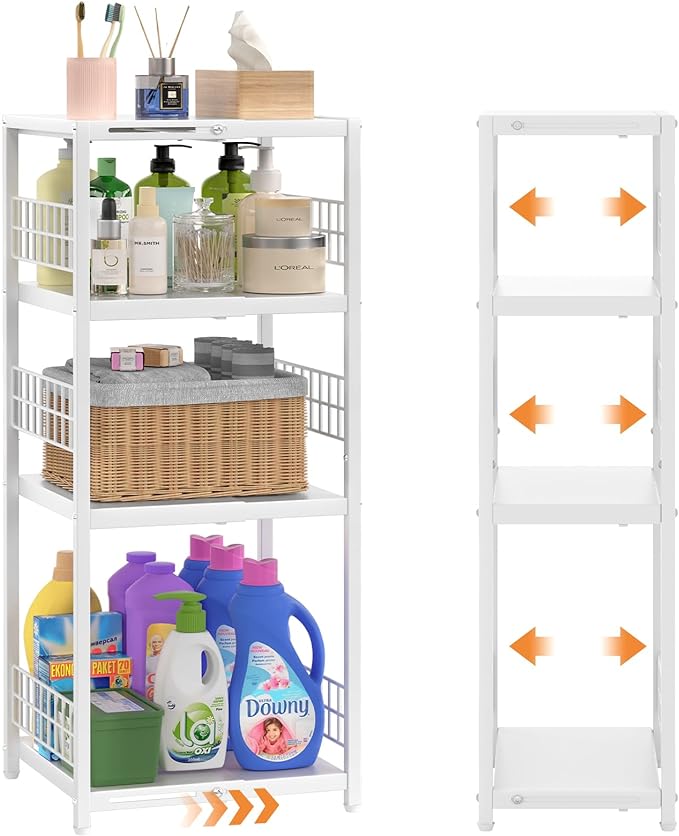 4 Tier Expandable Slim Storage Shelf, Metal Shelving Unit for Bathroom Storage Organizer, Freestanding Narrow Shelf for Small Spaces, Open Floor Shelves for Bathroom, Laundry Room, Kitchen,White by DAOUTIME