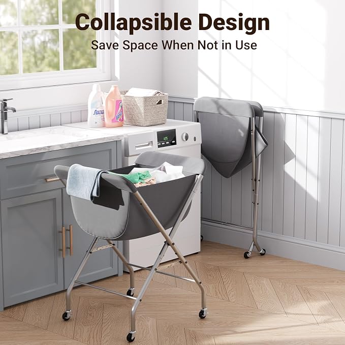 ELYKEN Laundry Cart with Wheels, 33”H Easy Rolling Laundry Hamper with Removable Liner Bag, Sturdy Metal Frame Clothes Basket with 4 Casters and 2 Brakes - Image 5