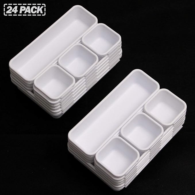 Set of 24 Interlocking Desk Drawer Organizer Tray Dividers Plastic Shallow Narrow Drawers Organizers Separators Storage Bins Container for Kitchen Bathroom Makeup Office Vanity Bedroom Dresser White - Image 7