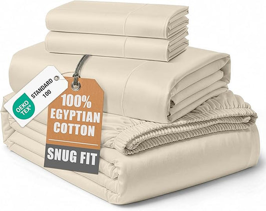 LANE LINEN 100% Egyptian Cotton King Size Sheets Set, Soft & Comfy Luxury Hotel Style Thick Deep Pocket King Sheet Set, No Pill Natural Cooling Elegant, 15" Deep Pocket - Summer Sand