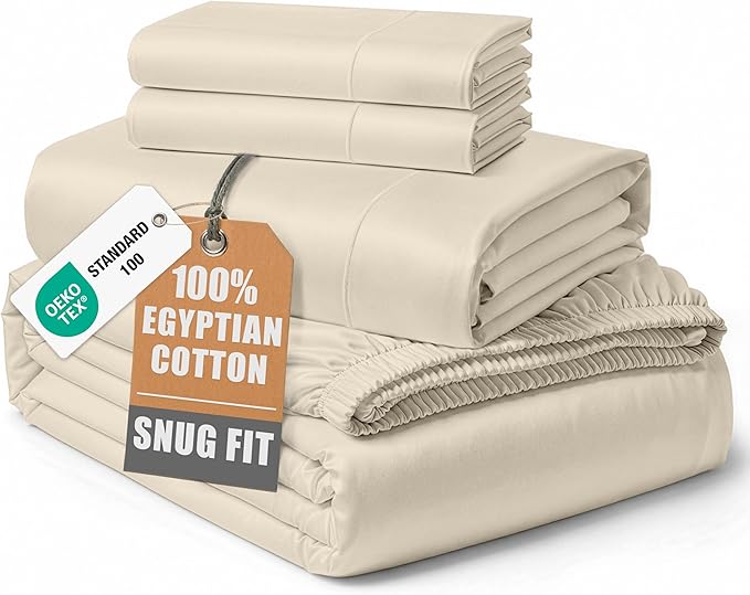 LANE LINEN 100% Egyptian Cotton Queen Sheet Set, Soft & Comfy Hotel Like Thick Fully Elasticized Mercerized Cotton Queen Size Set, No Pill Fade Resistant Queen Sheets, 15" Deep Pocket - Summer Sand