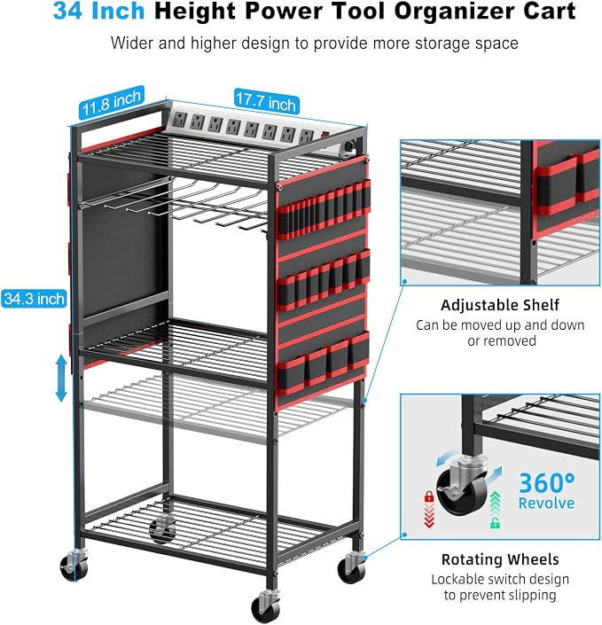 JUNNUJ Large Power Tool Organizer Cart with Charging Station, Garage Floor Standing Rolling Drill and Tools Battery Storage Cart on Wheels, Heavy Duty Utility Rack Shelf with 8 Outlet Power Strip, Red - Image 5