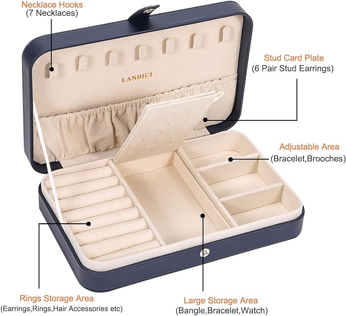 LANDICI Small Jewelry Box for Women Girls, PU Leather Travel Jewelry Case, Portable Jewelry Organizer Storage Holder Display for Ring Earrings Necklace Brooch Men Kids Gift, Dark Blue - Image 3