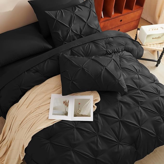 CozyLux California King Comforter Set Black - 7 Pieces Cal King Pintuck Bed in A Bag Gift for Family, Pinch Pleat Bedding Sets with All Season Comforter, Sheets, Pillowcases & Shams